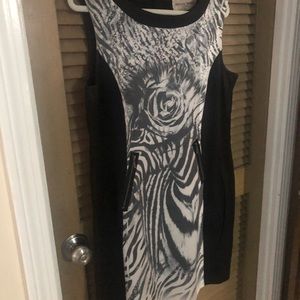 Black with white detailed dress size is XL.  Zipper on back.
